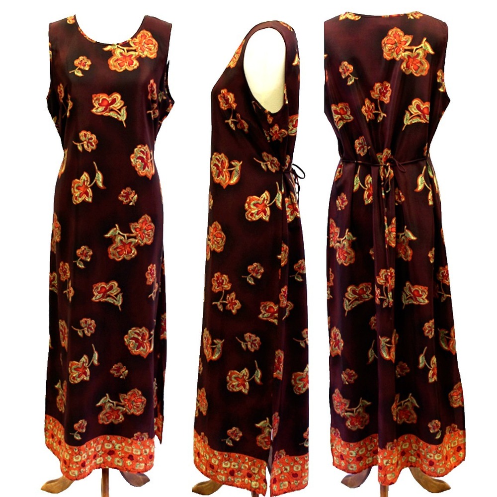 Impressions Women L Maxi Shift Dress Floral Sleeveless Summer Slit Belted